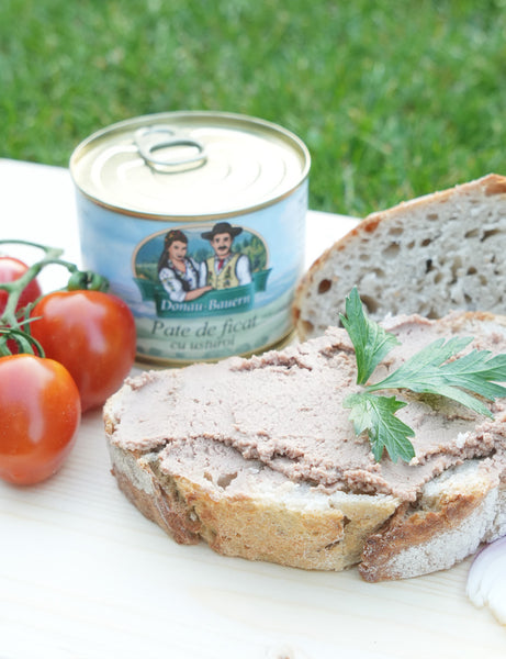 Pate de Ficat cu Usturoi Donau-Bauern 200g – pe pâine cu roșii