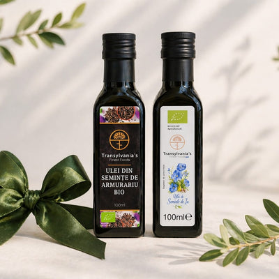 Pachet Cadou Imunitate – Ulei de Armurariu Bio & Ulei de In Bio, Presate la Rece 2x 100ml Transylvania’s Finest Foods